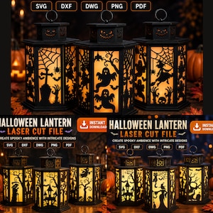 Puede incluir: Una colección de linternas de Halloween negras cortadas con láser que presentan siluetas intrincadas de fantasmas, brujas, arañas, telarañas y lápidas. Las linternas están iluminadas desde el interior con un cálido resplandor naranja.