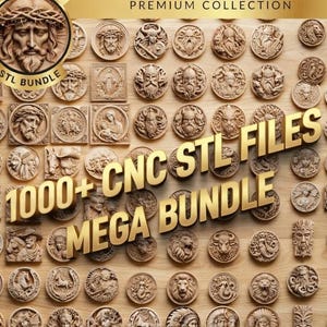May include: A collection of intricately carved wooden medallions and plaques, featuring religious figures, faces, and other designs. The image includes the text "1000+ CNC STL FILES MEGA BUNDLE" and "STL BUNDLE". The overall theme is religious and artistic.