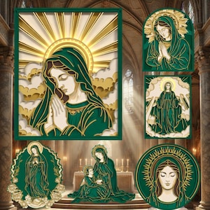 Pacote com 6 designs de Nossa Senhora de Guadalupe em SVG, arquivos de corte a laser 3D em camadas para Glowforge xTool | Arte de parede católica em caixa de sombra