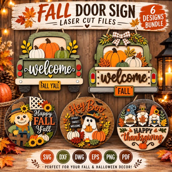 Fall Door Sign SVG Bundle, 5 Layered Laser Cut Files, Autumn Door Hanger Designs, Scarecrow Ghost Truck, Glowforge xTool