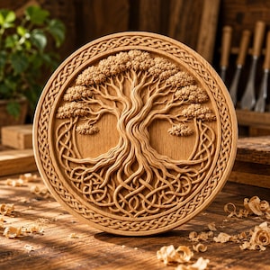 May include: A circular wooden wall plaque featuring a detailed relief carving of a tree with intricate, intertwined roots and branches. The outer border is decorated with a continuous Celtic knot pattern, all rendered in a natural light brown wood.