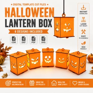 Halloween Lantern Box SVG | Laser Cut Files | 6 Spooky Jack-o'-Lantern Designs | Pumpkin Lantern Digital Template | DIY Halloween Decor