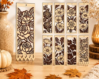 Floral Bookmark Laser Cut Files Bundle - Rose Flower SVG | Layered Wood Bookmarks | Glowforge Digital Download