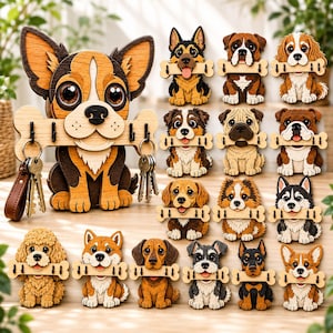 May include: A collection of wooden dog-shaped key holders, each featuring a cartoon-style dog holding a bone in its mouth. The bone serves as a rack with small black hooks for hanging keys. The dogs are depicted in various breeds and colors.