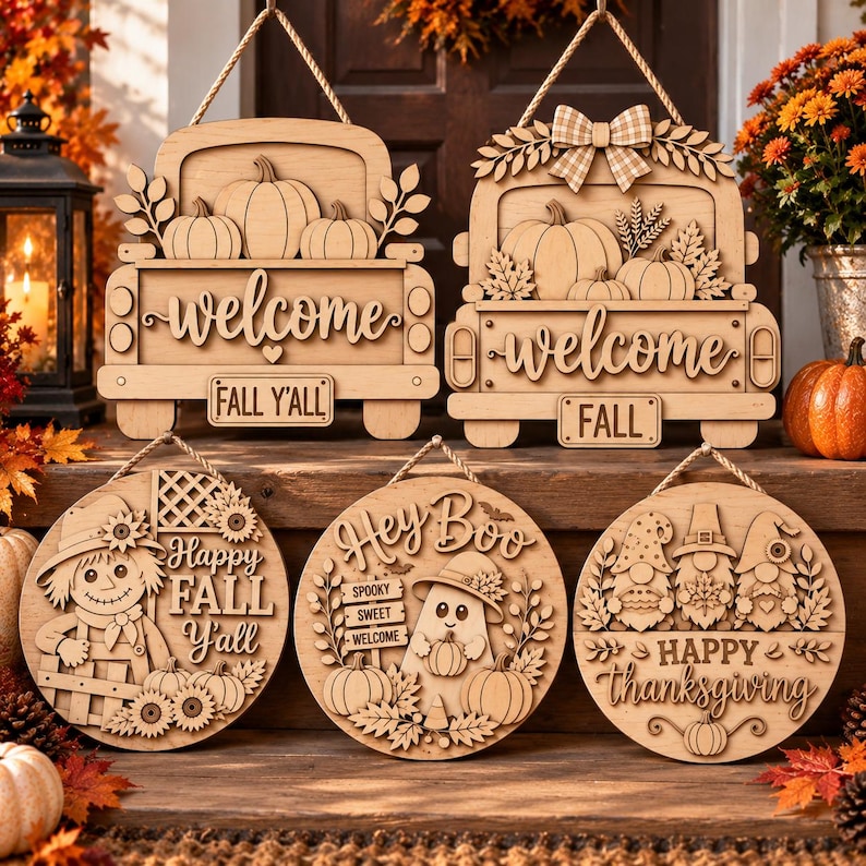 May include: A collection of five wooden hanging signs with laser-cut designs. Two signs are shaped like trucks with pumpkins and the text welcome, FALL Y'ALL, and FALL. Three round signs feature a scarecrow, a ghost with text, and three gnomes.