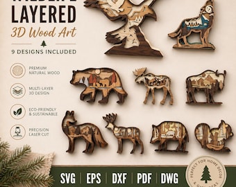Woodland Forest Animals SVG Bundle 10 Designs | 3D Layered Laser Cut Files Glowforge xTool Cricut | Deer Bear Wolf Moose Shadow Box Wall Art