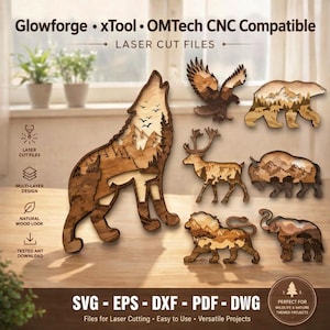 Puede incluir: Archivos de corte láser con varios animales salvajes, incluyendo un lobo, un águila, un oso, un ciervo, un bisonte, un león y un elefante. Los diseños multicapa tienen un aspecto de madera natural. Compatibles con Glowforge, xTool y OMTech CNC. Incluye archivos SVG, EPS, DXF, PDF y DWG.
