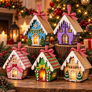 May include: Five decorative wooden house ornaments with illuminated interiors, each topped with a red and white chequered ribbon. The houses feature varied designs including snowflakes, candy canes, and Christmas trees in blue, purple, pink, green, and tan.