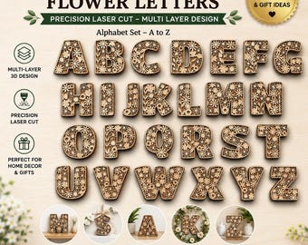 Paquete de letras florales SVG de la A a la Z en múltiples capas - Alfabeto SVG, Alfabeto floral SVG - Alfabeto de flores en capas Glowforge