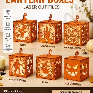 May include: Six orange laser-cut Halloween lantern boxes with intricate designs including a witch, haunted house, Happy Halloween text, mummy and zombie, ghost, and jack-o'-lantern. The digital file set includes SVG, DXF, AI, EPS, and PDF formats.