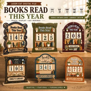 Può includere: Sei espositori per il monitoraggio dei libri in legno tagliato al laser con tessere numeriche intercambiabili. Ognuno presenta scaffali, libri in miniatura e testo personalizzato come 'Sophia's Library'. Il testo in alto recita 'BOOKS READ THIS YEAR'.