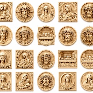 May include: A collection of twenty light-colored wooden wall plaques featuring intricate relief carvings of religious figures, including Jesus Christ with a crown of thorns, the Virgin Mary, and scenes depicting the Last Supper in square and circular frames.