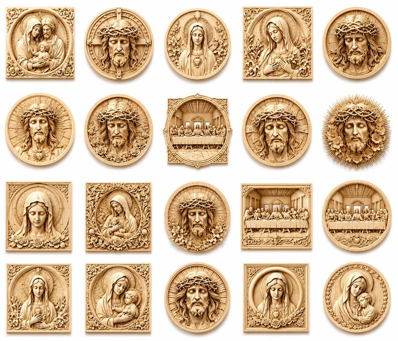 May include: A collection of twenty light-colored wooden wall plaques featuring intricate relief carvings of religious figures, including Jesus Christ with a crown of thorns, the Virgin Mary, and scenes depicting the Last Supper in square and circular frames.