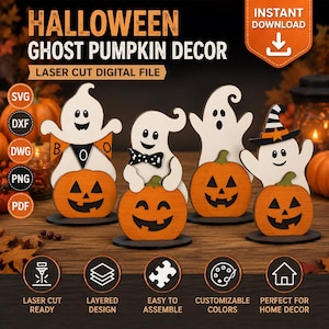 Halloween Ghost Pumpkin Decor Laser Cut Files Bundle - 4 Cute Ghost SVG DXF | Boo Ghost on Pumpkin Multi Layer | Glowforge Halloween Decor