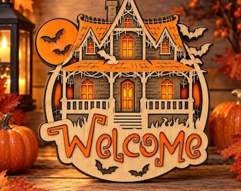 Layered Haunted House Welcome Sign SVG – Halloween Laser Cut File (Digital Download)