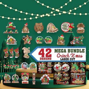 Puede incluir: Una colección de 42 diseños navideños cortados con láser con el Grinch. Los diseños incluyen adornos, decoraciones en forma de casa y figuras temáticas del Grinch en varias poses, todo en verde, rojo y marrón.