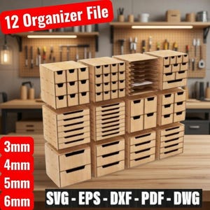 File SVG per organizer per cassetti tagliati al laser, scatole di immagazzinaggio impilabili Glowforge Ready in compensato da 3-6 mm, download digitale SVG per officina