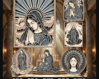 Pakiet SVG z Maryją Dziewicą – pliki katolickie do cięcia laserowego, pliki SVG Glowforge, pliki warstwowe SVG, pliki do cięcia laserowego 3D, pliki startowe do cięcia laserowego, pliki religijne SVG