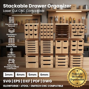 Organizador de cajones SVG (archivos cortados con láser), cajas de almacenamiento apilables Glowforge de madera contrachapada de 3-6 mm, descarga digital de SVG para taller