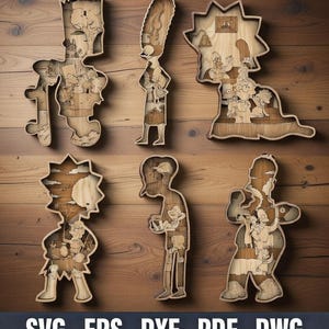 Paquete SVG en capas de Los Simpsons / Archivos de corte láser multicapa Homer Marge Bart Lisa Svg Dxf Pdf Archivo Glowforge, archivos láser de 3 mm
