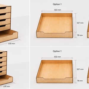 May include: A light brown wooden storage unit with multiple drawers and modular tray inserts. The unit measures 330 mm by 330 mm by 330 mm. The trays are labeled Option 1 and Option 2, measuring 322 mm by 327 mm by 78 mm with various dividers.