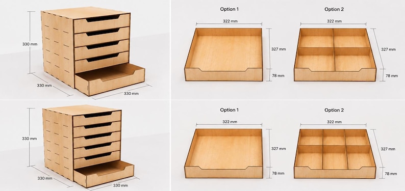 May include: A light brown wooden storage unit with multiple drawers and modular tray inserts. The unit measures 330 mm by 330 mm by 330 mm. The trays are labeled Option 1 and Option 2, measuring 322 mm by 327 mm by 78 mm with various dividers.