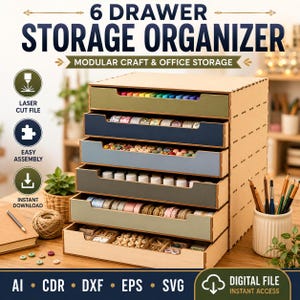 May include: A 6-drawer storage organizer made of light-colored wood with multi-colored drawer fronts. The unit features text reading 6 DRAWER STORAGE ORGANIZER, MODULAR CRAFT & OFFICE STORAGE, LASER CUT FILE, EASY ASSEMBLY, INSTANT DOWNLOAD, AI, CDR, DXF, EPS, SVG.