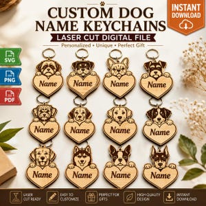 May include: A collection of twelve wooden heart-shaped keychains, each featuring a laser-cut illustration of a different dog breed resting its paws on the heart. The word Name is engraved in the center of each heart, and metal rings are attached.