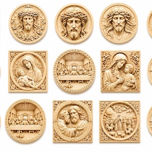 May include: A collection of fifteen light-colored wooden wall plaques featuring intricate relief carvings of religious figures and scenes, including portraits of Jesus with a crown of thorns, the Virgin Mary with a child, and the Last Supper.