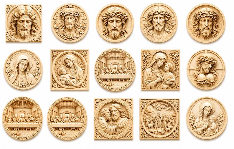 May include: A collection of fifteen light-colored wooden wall plaques featuring intricate relief carvings of religious figures and scenes, including portraits of Jesus with a crown of thorns, the Virgin Mary with a child, and the Last Supper.