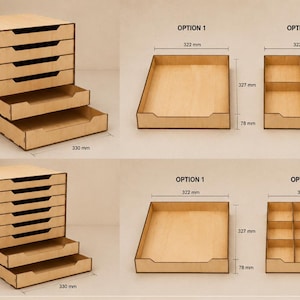 May include: A light-colored wooden drawer organizer unit with multiple pull-out trays. The unit measures 330 mm by 330 mm by 330 mm. Individual trays are 322 mm by 327 mm by 78 mm, available in two configurations: Option 1 open or Option 2 divided.