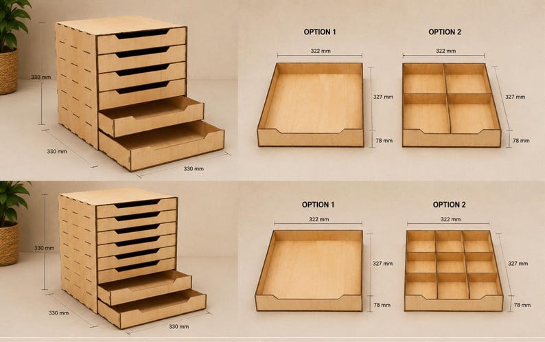 May include: A light-colored wooden drawer organizer unit with multiple pull-out trays. The unit measures 330 mm by 330 mm by 330 mm. Individual trays are 322 mm by 327 mm by 78 mm, available in two configurations: Option 1 open or Option 2 divided.