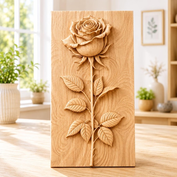 Rose 3D STL File, CNC Router Wood Carving, Floral Bas Relief Model, VCarve Aspire ArtCAM Carveco