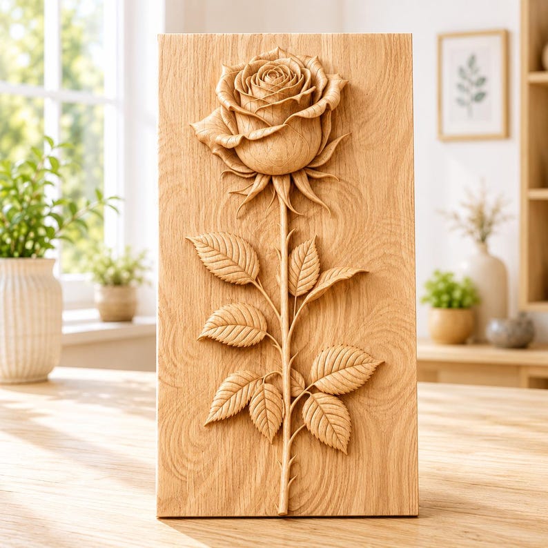 K&ouml;nnte beinhalten: Eine rechteckige, helle Holzplatte mit einer detaillierten dreidimensionalen Reliefschnitzerei einer einzelnen Rose. Die Schnitzerei zeigt eine zentrale Rosenbl&uuml;te mit geschichteten Bl&uuml;tenbl&auml;ttern und einen langen Stiel mit mehreren gezackten Bl&auml;ttern.