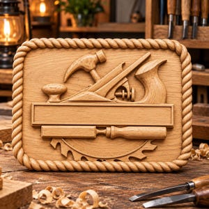 May include: A rectangular wooden plaque featuring a carved relief of a hammer, a hand plane, a chisel, and a circular saw blade. The plaque is framed by a carved rope border and includes a central blank horizontal rectangular nameplate.