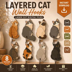 Set mit 8 niedlichen Katzenmotiven (SVG/DXF) | Mehrlagiger Schlüsselanhänger für Haustiere | Digitaler Download für Glowforge-Laserschnitt
