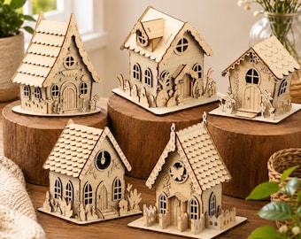 3D Fairy House SVG Bundle, 5 Miniature Cottage Designs, Enchanted Garden Decor, Glowforge xTool Files