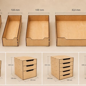 May include: A set of light-colored wooden storage organizers featuring four open trays with widths of 77 mm, 105 mm, 159 mm, and 322 mm, plus a height of 78 mm. Also includes four modular drawer units measuring 330 mm in height, width, and depth.