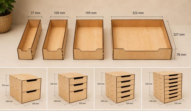 May include: A set of light-colored wooden storage organizers featuring four open trays with widths of 77 mm, 105 mm, 159 mm, and 322 mm, plus a height of 78 mm. Also includes four modular drawer units measuring 330 mm in height, width, and depth.