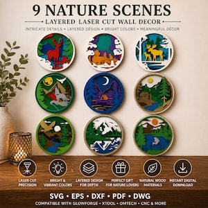May include: Nine layered laser-cut wall decor pieces featuring nature scenes. Each circular piece showcases intricate details and bright colors, depicting landscapes with deer, wolves, mountains, and other outdoor elements. The text reads "9 NATURE SCENES".