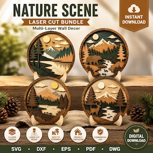 Peut inclure: Quatre décorations murales circulaires en bois multicouches représentant des scènes de nature avec montagnes, forêts, rivières et faune, dont un ours et un cerf. Le texte indique NATURE SCENE LASER CUT BUNDLE, INSTANT DOWNLOAD et DIGITAL DOWNLOAD.