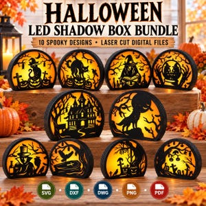 May include: A collection of ten semi-circular Halloween LED shadow boxes featuring black laser-cut silhouettes of cats, witches, haunted houses, and wolves illuminated by a warm orange glow, with text reading HALLOWEEN LED SHADOW BOX BUNDLE.