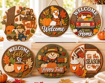 Hello Fall Door Sign SVG Bundle, Scarecrow Door Hanger, Autumn Laser Cut Files,  Welcome Layered Porch Decor
