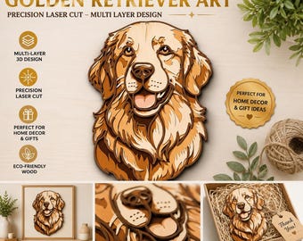 Warstwowy portret golden retrievera – trójwymiarowa drewniana grafika przedstawiająca psa, pliki wycinane laserowo (SVG, DXF)