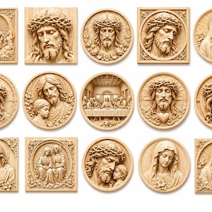 May include: A collection of fifteen light-colored wooden wall plaques featuring intricate relief carvings of religious figures, including portraits of Jesus with a crown of thorns, the Virgin Mary, the Holy Family, and a depiction of the Last Supper.