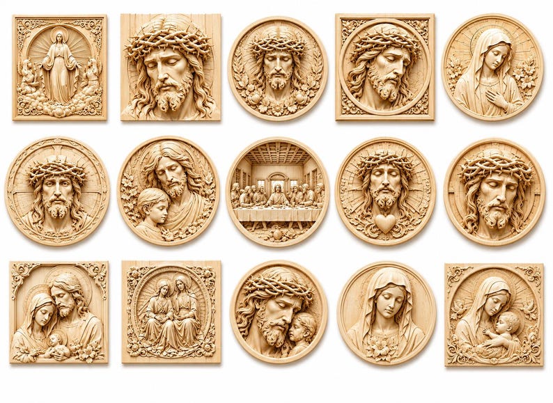 May include: A collection of fifteen light-colored wooden wall plaques featuring intricate relief carvings of religious figures, including portraits of Jesus with a crown of thorns, the Virgin Mary, the Holy Family, and a depiction of the Last Supper.