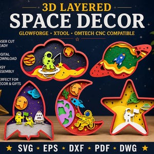 Puede incluir: Colección de decoraciones espaciales 3D en capas, con formas como una nube, un planeta, un cohete, una luna creciente y una estrella. Cada pieza presenta capas coloridas con diseños de astronautas y naves espaciales. El texto dice "3D LAYERED SPACE DECOR".