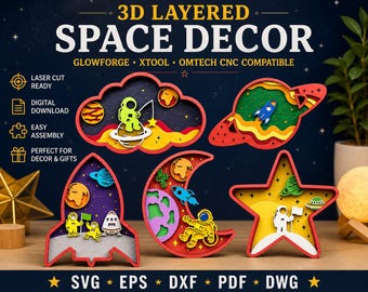 Space Layered SVG Bundle - Astronaut Rocket Planets Multilayer Laser Cut Files Glowforge xTool Cricut 3D Kids room decor SVG files