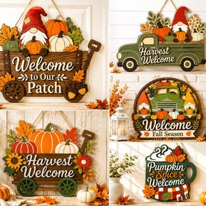 Può includere: Una collezione di cinque insegne in legno da appendere con temi autunnali. I disegni includono un carro con uno gnomo e zucche con la scritta Welcome to Our Patch, un camion verde con Harvest Welcome, un cartello rotondo e una tazza con Pumpkin Spice Welcome.