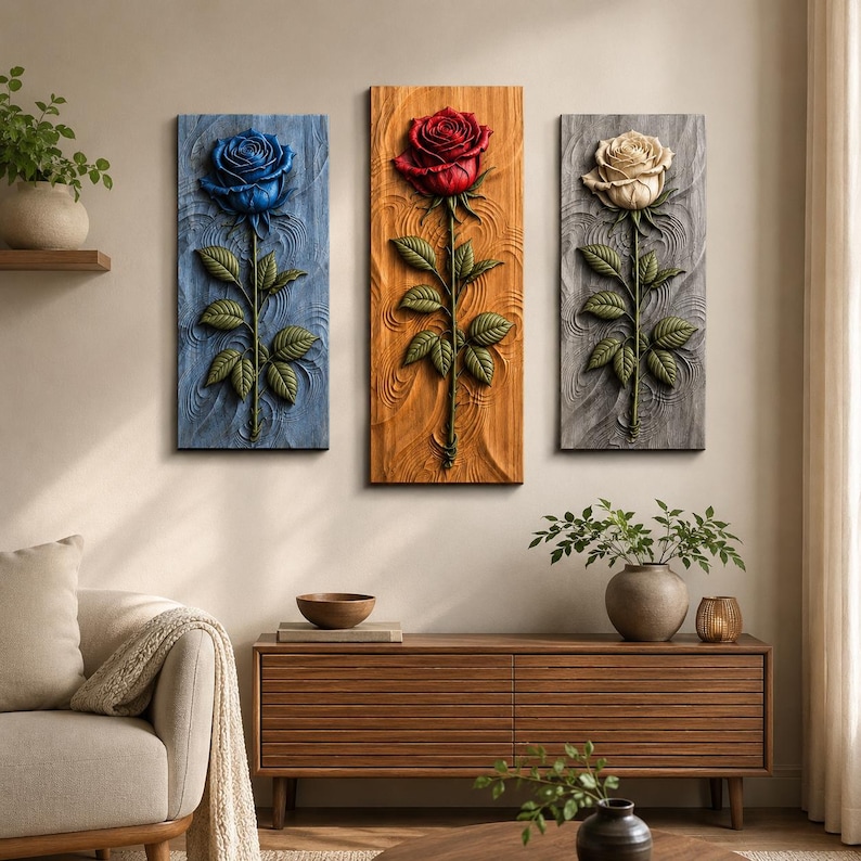 K&ouml;nnte beinhalten: Drei rechteckige Wandbilder mit Reliefs einzelner Rosen. Das linke Paneel ist blau mit einer blauen Rose, das mittlere ist orange mit einer roten Rose und das rechte ist grau mit einer cremefarbenen Rose. Jede Rose hat gr&uuml;ne Bl&auml;tter.